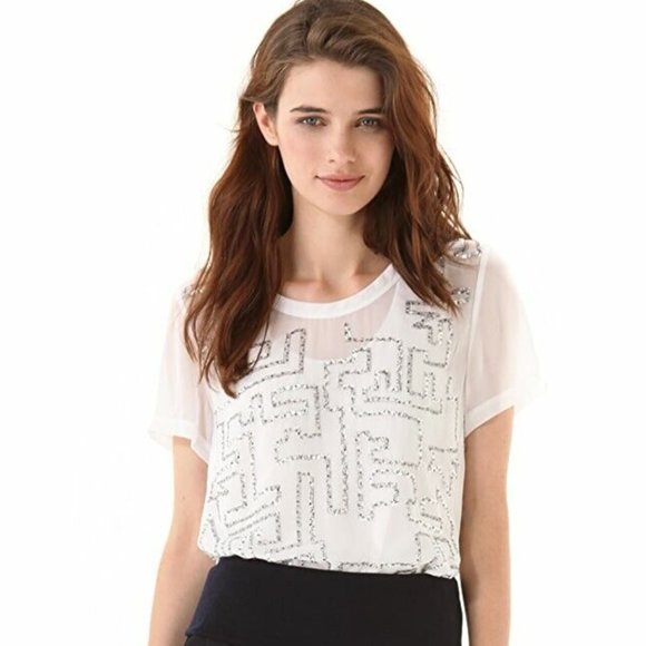 3.1 PHILLIP LIM SZ 6 S SMALL WHITE SILVER MAZE EMBROIDERED SEQUINS BLOUSE TOP - Picture 1 of 11